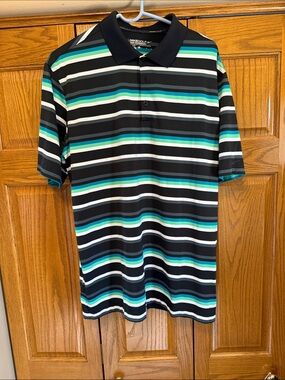 Nike Men’s Black Polo with Teal, White and Gray Stripes-Large